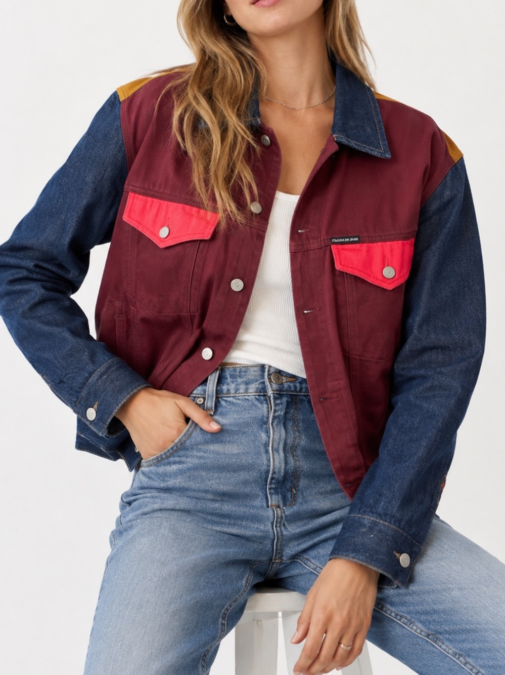 Calvin Klein Jeans Premium Italian Denim Colorblock Trucker Jacket L Rare